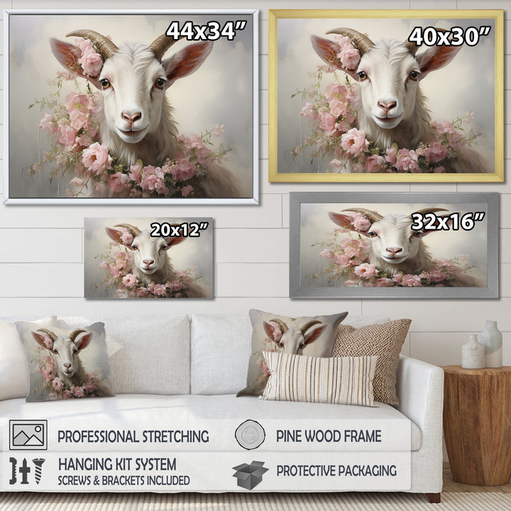 White Billy goat in pink floral Coller - Goat Canvas Wall Art