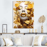 White and gold woman portrait with leaves I - Fashion Canvas Wall Art