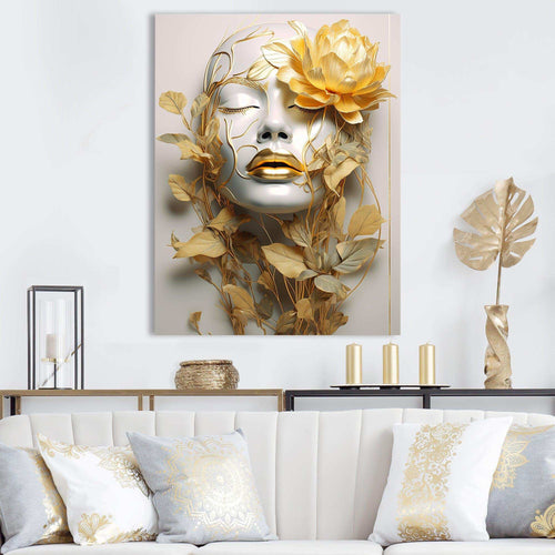 White and gold woman portrait with leaves II - Fashion Canvas Wall Art