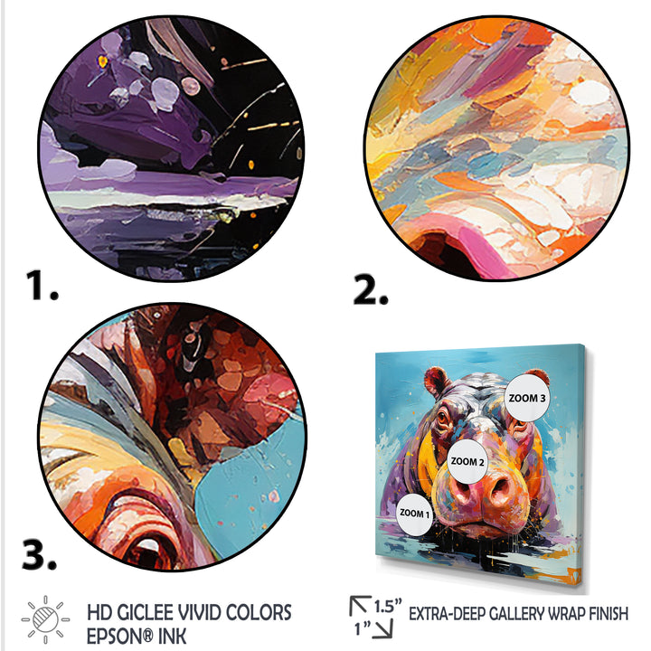 Blue Colorful Hippo harmony - Hippopotamus Framed Canvas Art