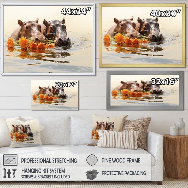 Grey Rivers Romantic Serenade - Hippopotamus Large Canvas Wall Art