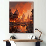 Indian Art Orange Varanasi Ghats - People Canvas Wall Art