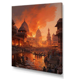 Indian Art Orange Varanasi Ghats - People Canvas Wall Art