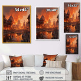 Indian Art Orange Varanasi Ghats - People Canvas Wall Art