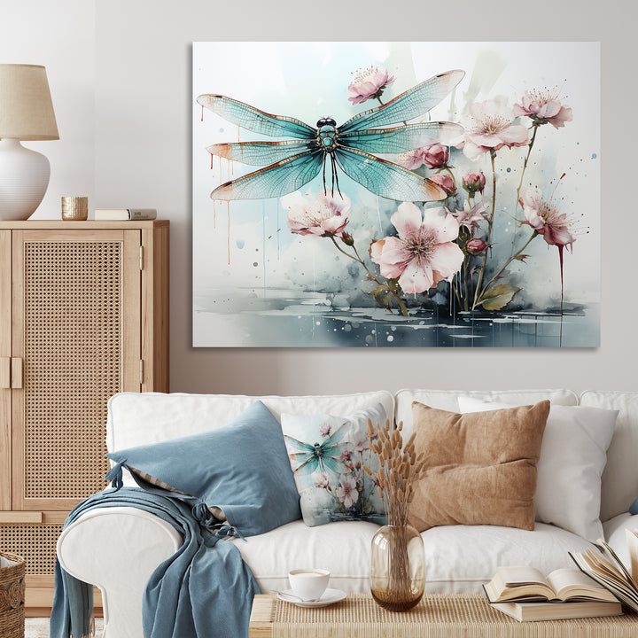 Green and pink flower flying dragonfly by the pond - Insects &amp; Bugs Canvas Wall Art