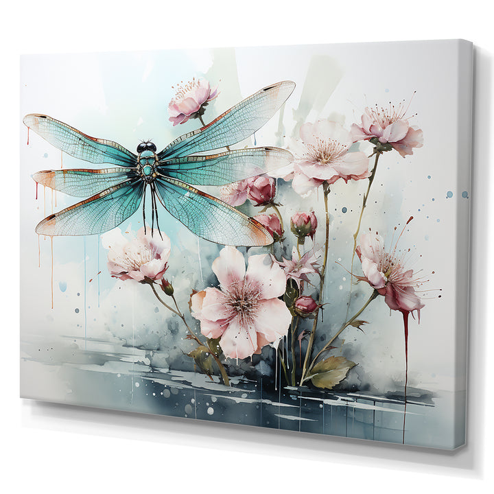Green and pink flower flying dragonfly by the pond - Insects &amp; Bugs Canvas Wall Art