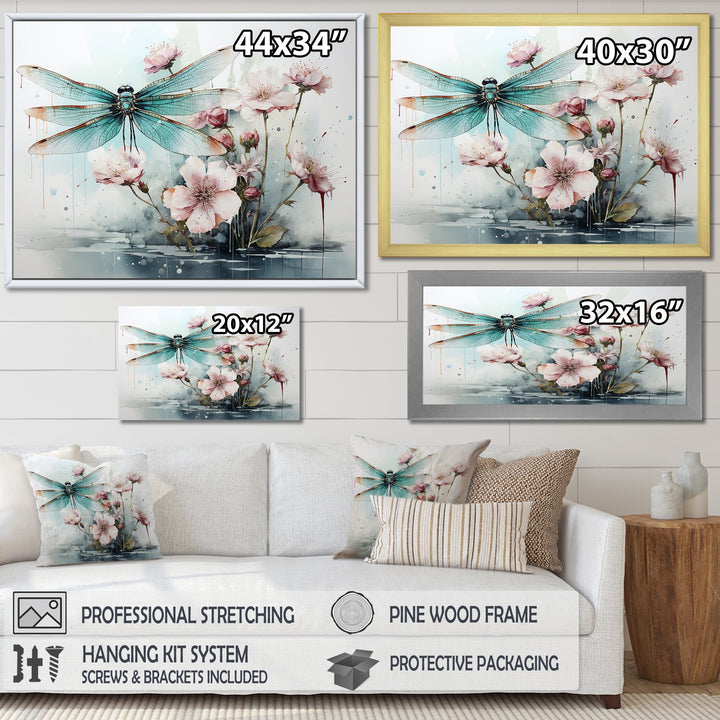 Green and pink flower flying dragonfly by the pond - Insects &amp; Bugs Canvas Wall Art