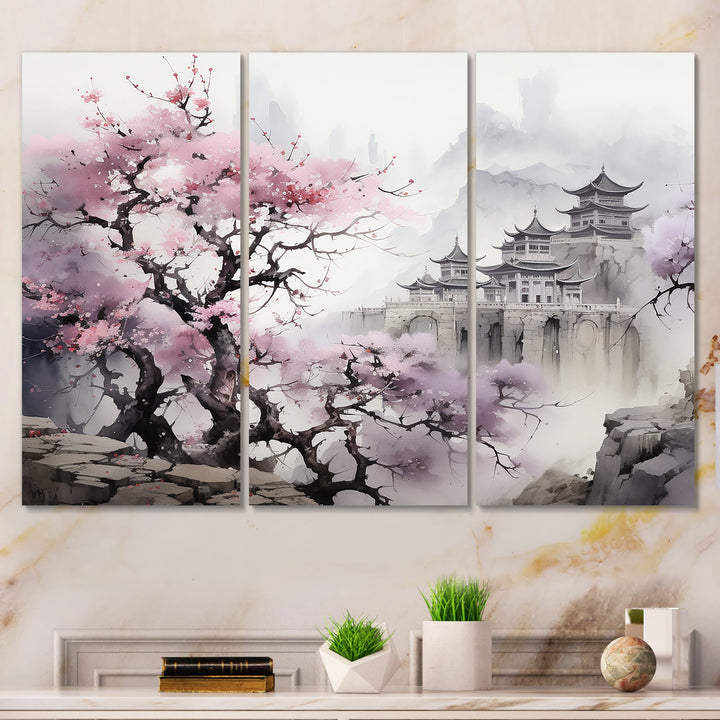 Pink floral Japanese Panorama landscape I - 3-Piece Canvas Wall Art