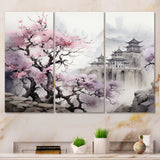 Pink floral Japanese Panorama landscape I - 3-Piece Canvas Wall Art
