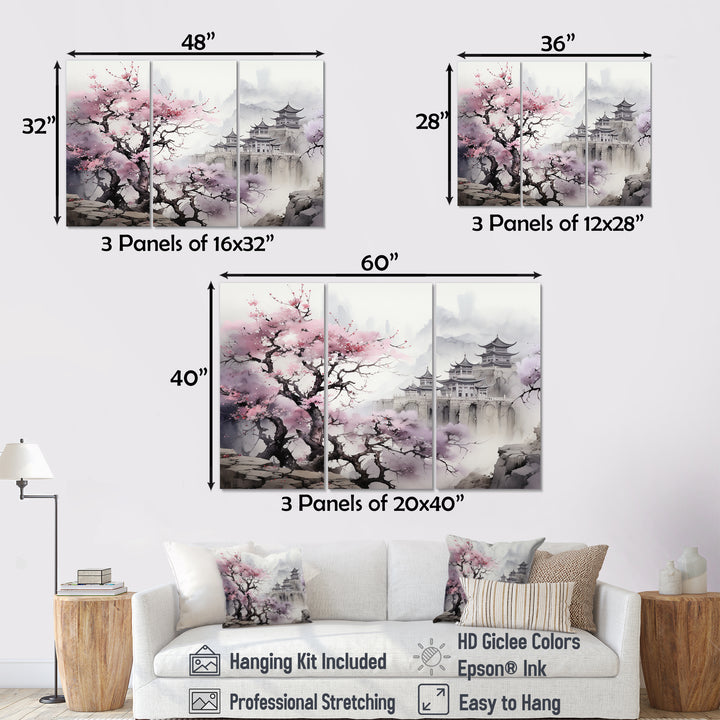 Pink floral Japanese Panorama landscape I - 3-Piece Canvas Wall Art