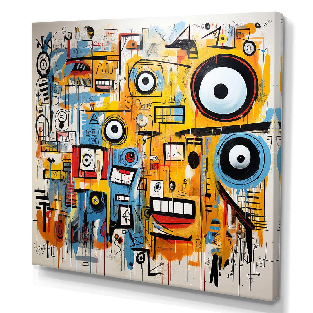 yellow and blue Graffiti Art Eyes chaos  I - Abstract Canvas Wall Art