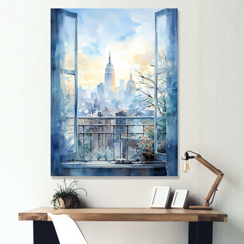 Vintage blue New york window view III - Cityscapes Canvas Wall Art