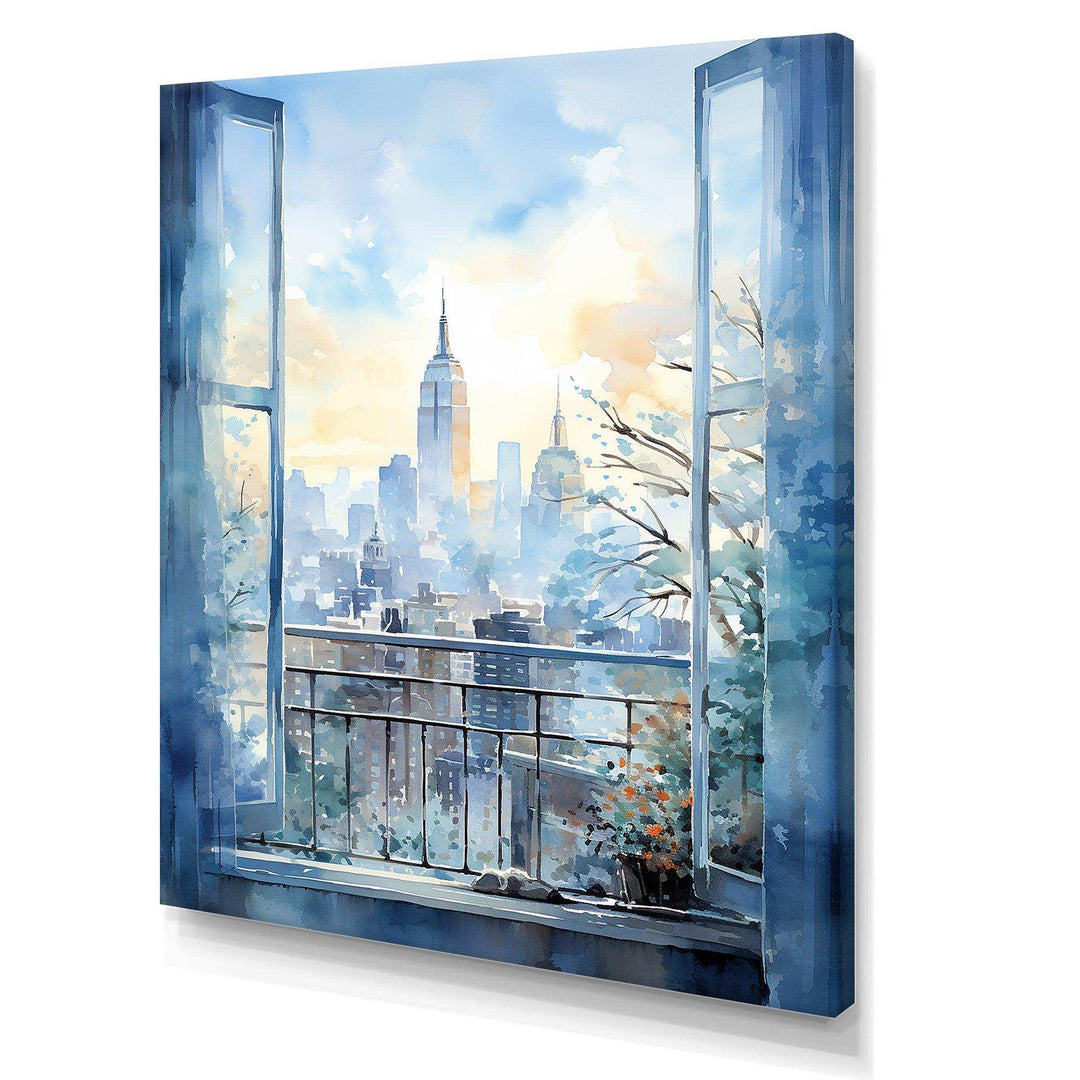 Vintage blue New york window view III - Cityscapes Canvas Wall Art