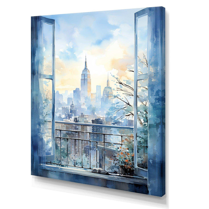 Vintage blue New york window view III - Cityscapes Canvas Wall Art