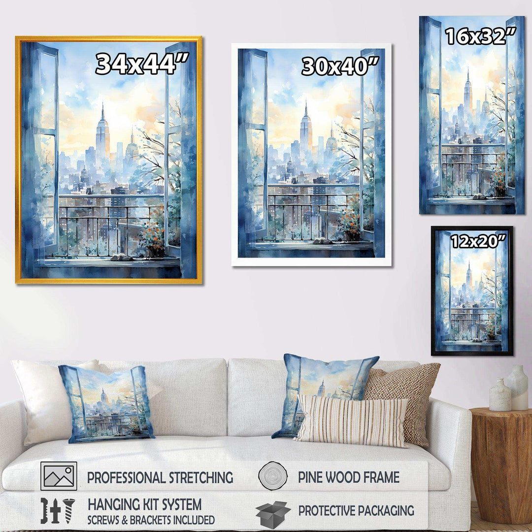Vintage blue New york window view III - Cityscapes Canvas Wall Art
