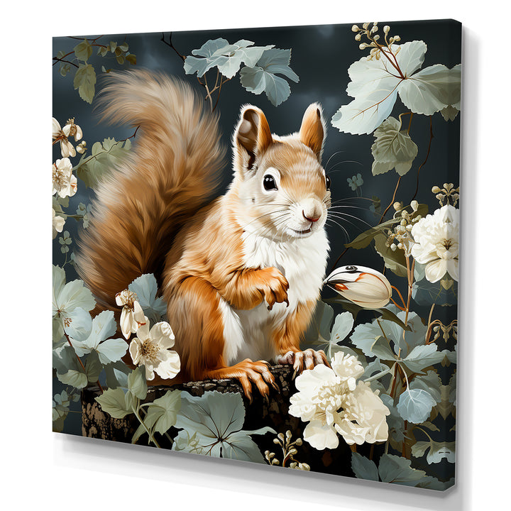 Brown and green Forest squirrel blooms - Squirrel Wall Art Prints