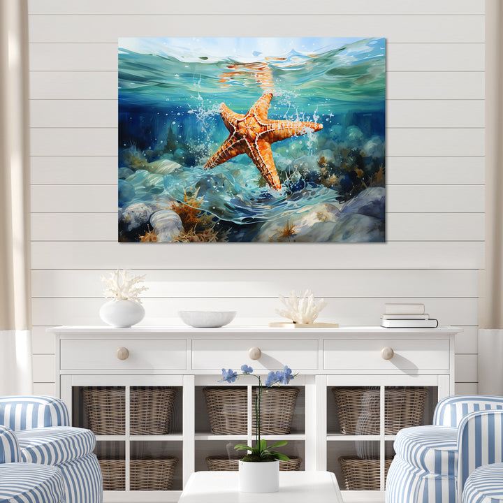 Orange Oasis Watercolor Starfish - Starfish Framed Canvas Art