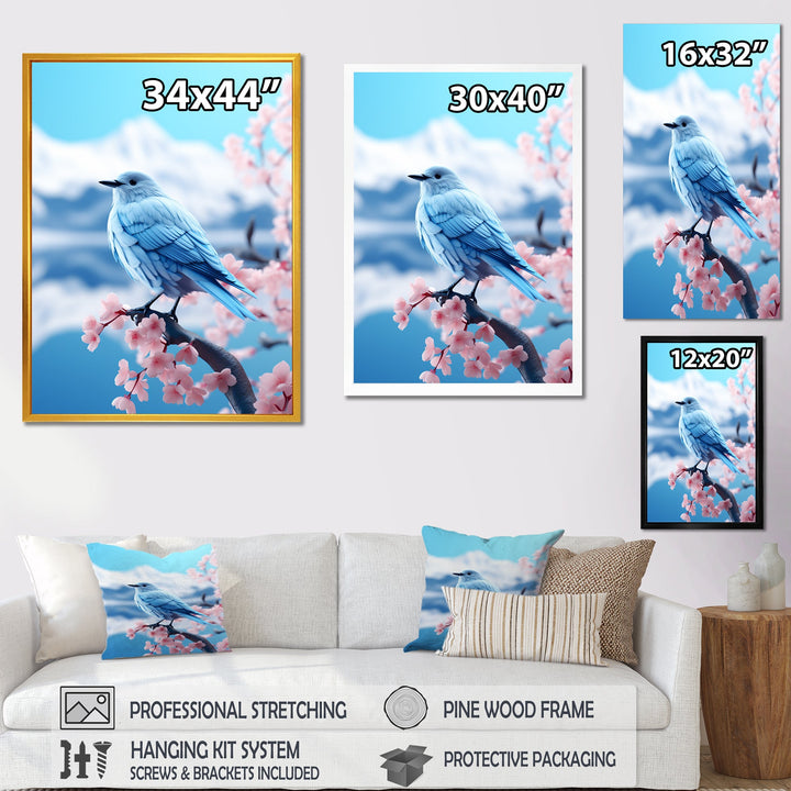 Japan blue bird Frost on pink Thistle - Bird Floral Wall Decor