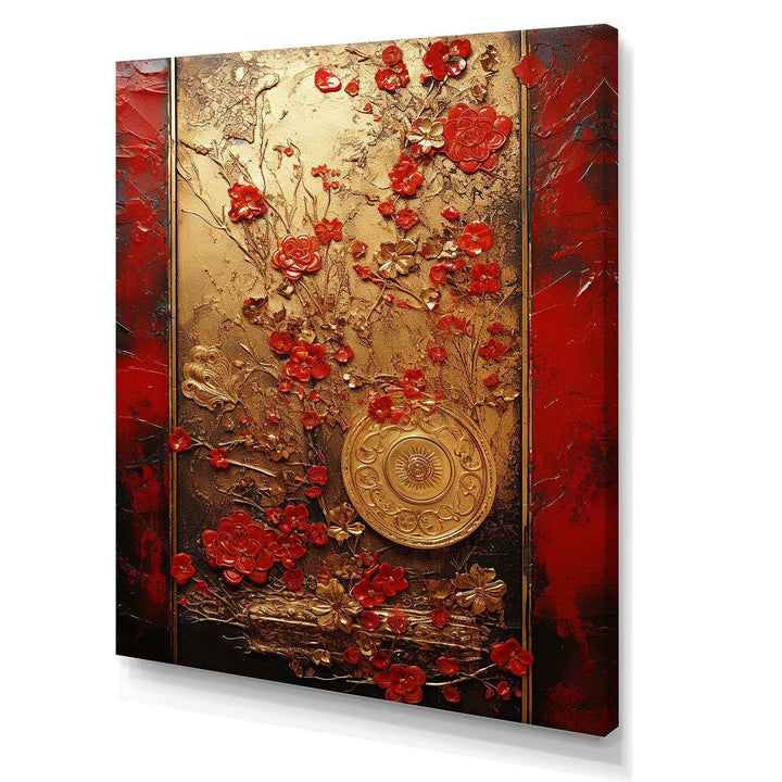 God and Red Floral Japanese Tiles III - Abstract Canvas Wall Art