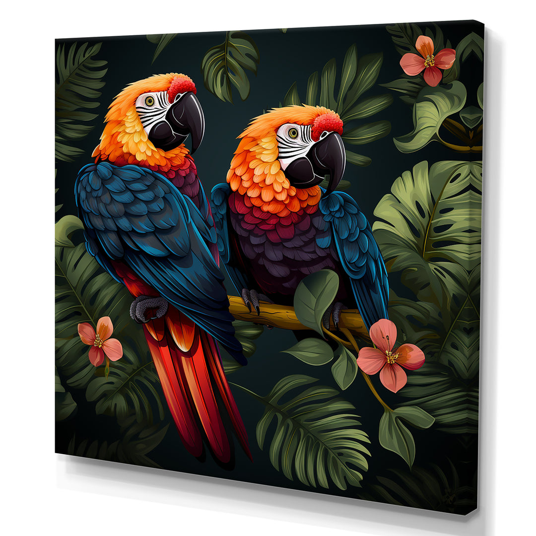 Orange and green Tropical parrots - Parrot Framed Canvas Art
