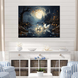 White Swans harmony moonlight pond II - Animals Canvas Wall Art