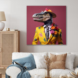 Pink and yellow Fashion dinosaur in suit - Pink Dinosaur Wall Art