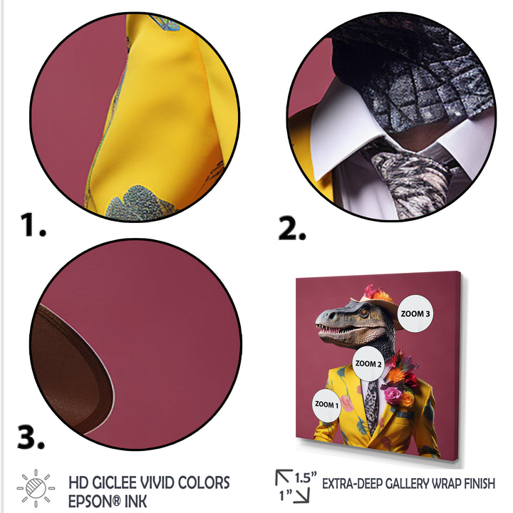 Pink and yellow Fashion dinosaur in suit - Pink Dinosaur Wall Art