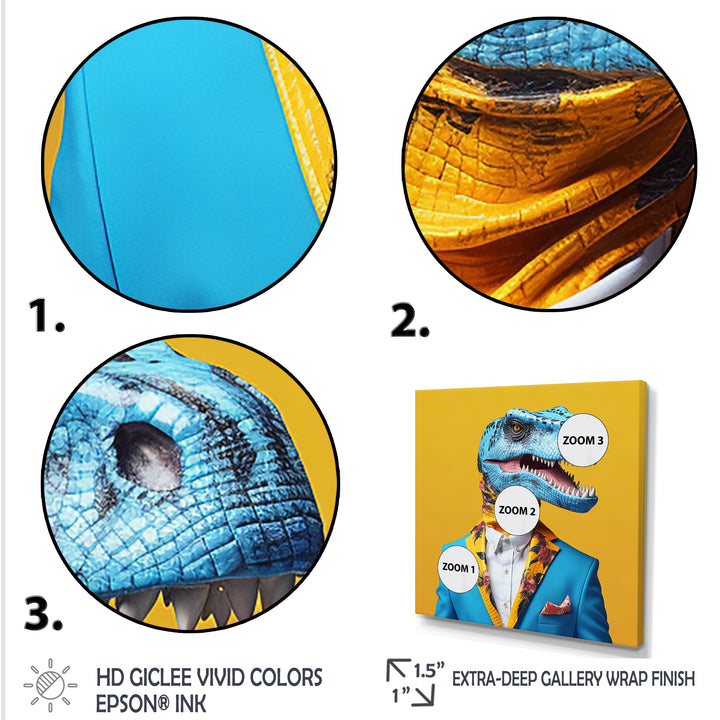 Blue and yellow Fashion Dinosaur in suit - Dinosaur Framed Canvas Art
