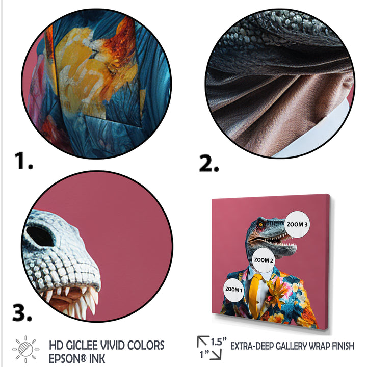 Yellow and pink Fashion first dressed Dinosaur - Dinosaur Large Canvas Wall Art