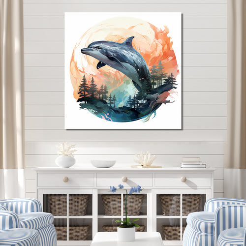 Forest Frolic Gradient Dolphin - Dolphin Canvas Wall Art