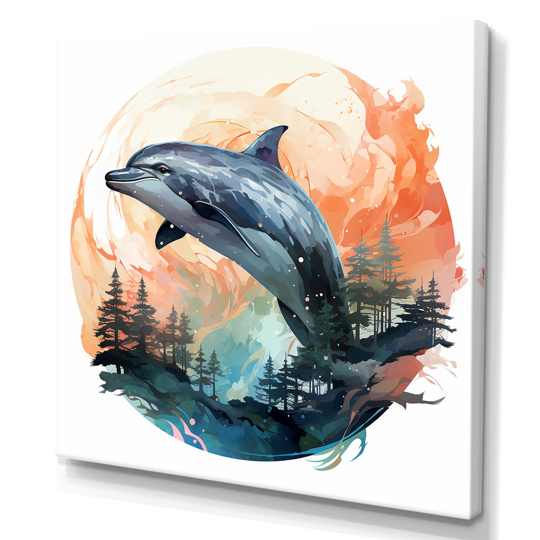 Forest Frolic Gradient Dolphin - Dolphin Canvas Wall Art