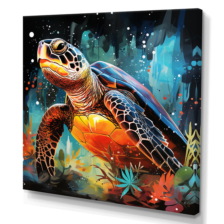 Graceful yellow and blue turtle swim - Turtle Canvas Wall Art
