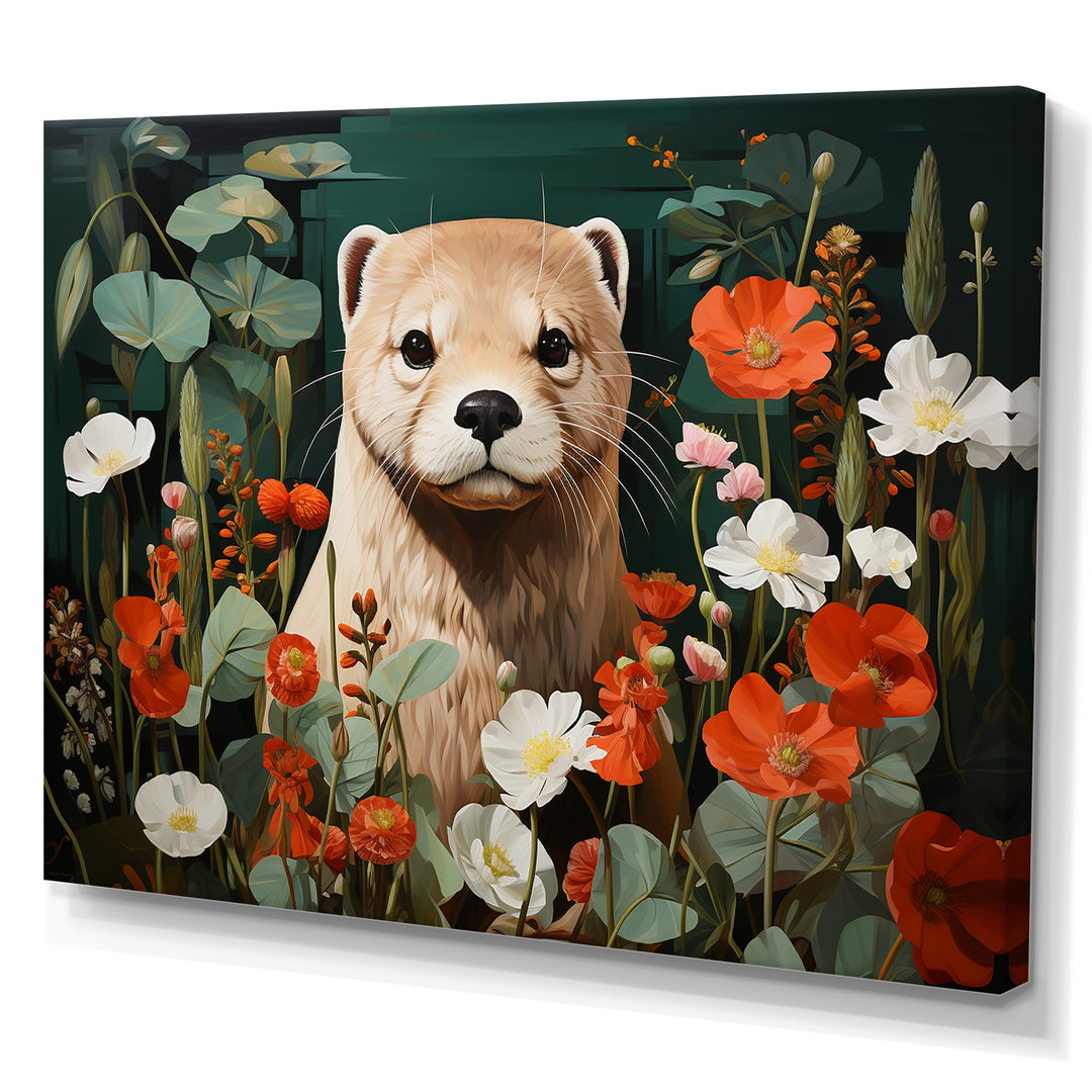 Brown Curious Otter in blooming meadow - Otter Canvas Wall Art