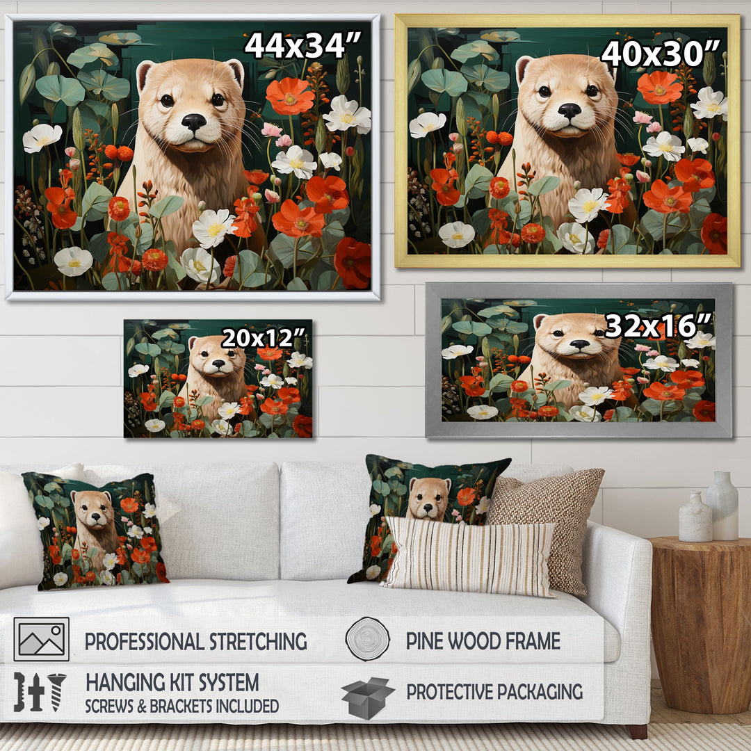 Brown Curious Otter in blooming meadow - Otter Canvas Wall Art