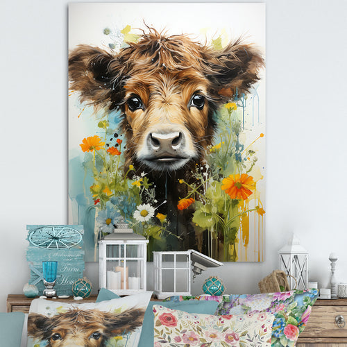 Brown Portrait of a Cow in blooms - Brown Cow Wall Art