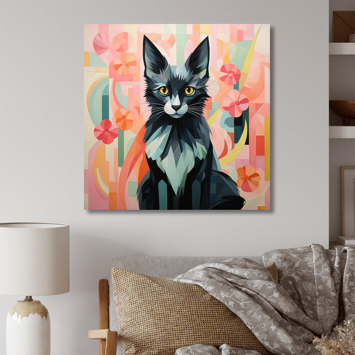 Black Playful Cat floral meadows - Black Cat Wall Art