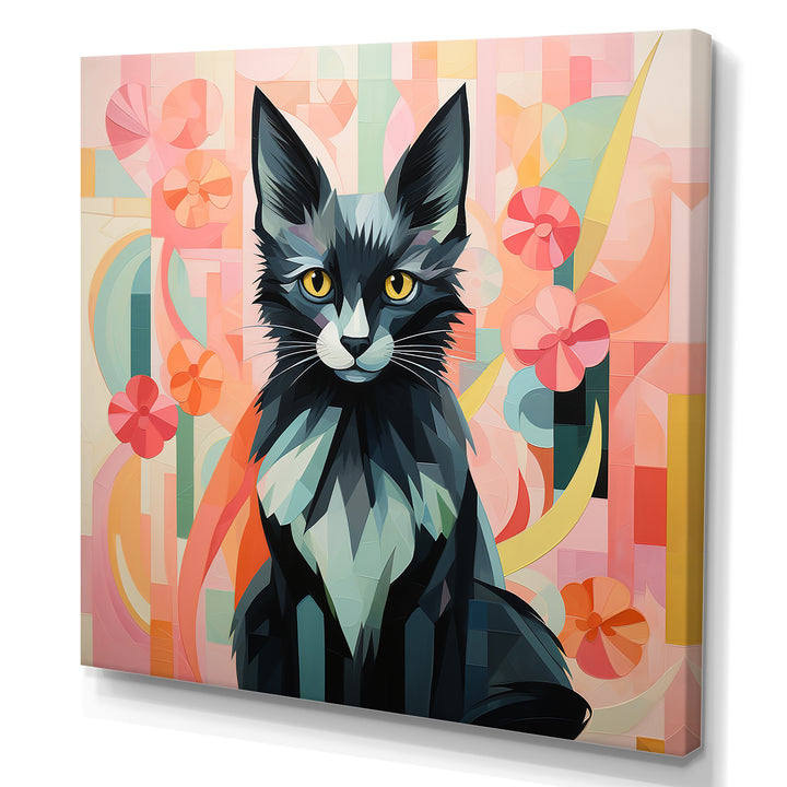 Black Playful Cat floral meadows - Black Cat Wall Art