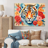 Pink and orange flower Tiger portrait - Animals Canvas Wall Art