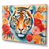 Pink and orange flower Tiger portrait - Animals Canvas Wall Art