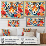 Pink and orange flower Tiger portrait - Animals Canvas Wall Art