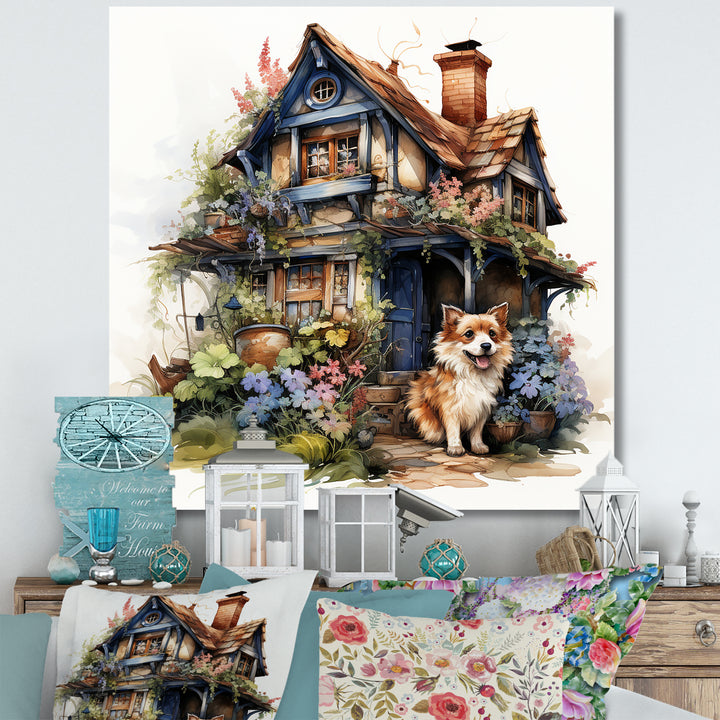 Corgi doghouse blooms - Dog Canvas Wall Art