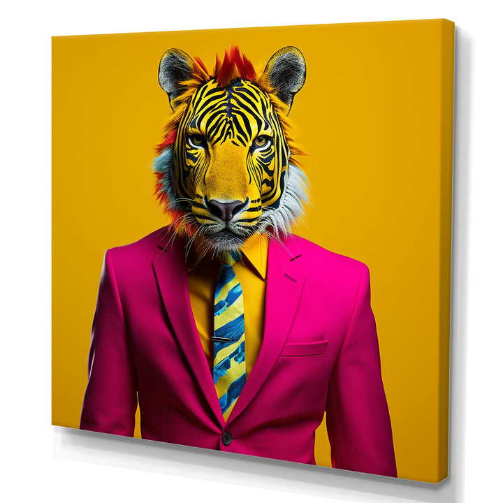 Pink suited up tiger - Tiger Fashion Framed Canvas Art