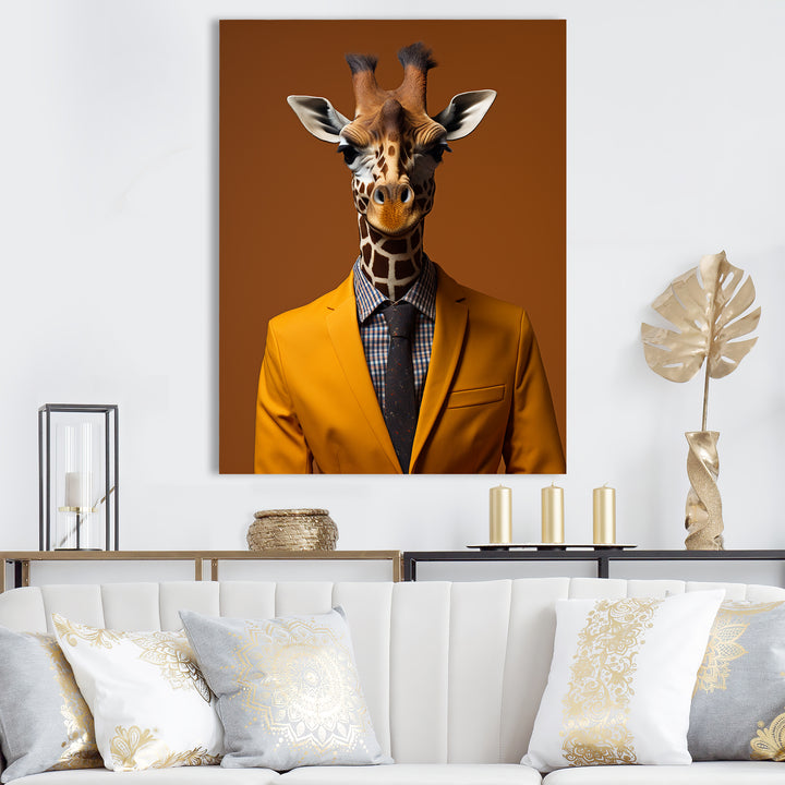 Yellow and brown suited up giraffe - Giraffe Fashion Living Room Wall Art