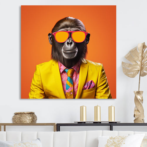 Yellow and orange suited up Monkey - Monkey Fashion Canvas Wall Art