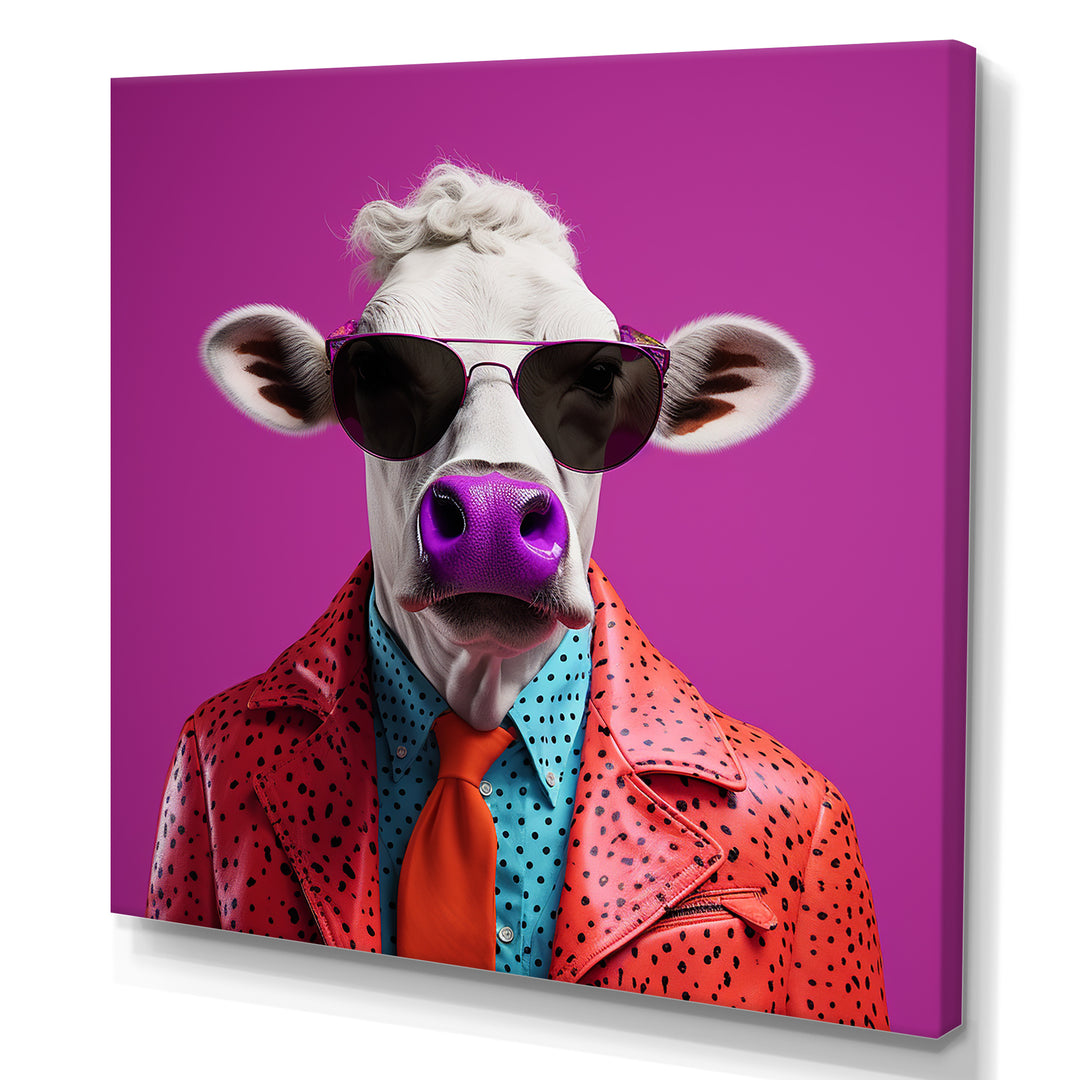 Purple sunglass suited cow fashion - Cow Canvas Wall Art