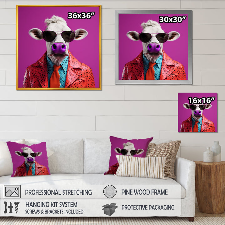 Purple sunglass suited cow fashion - Cow Canvas Wall Art