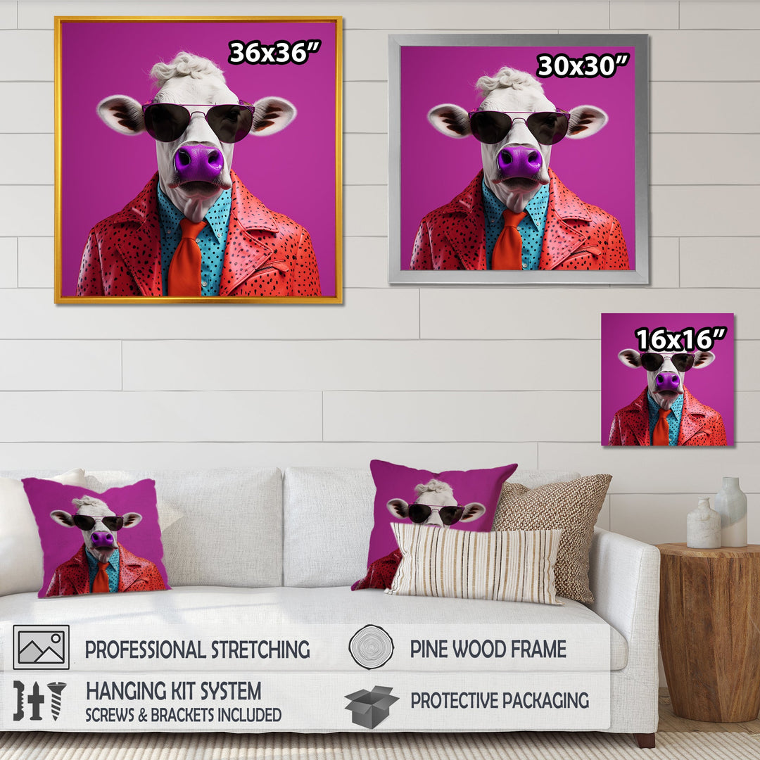 Purple sunglass suited cow fashion - Cow Canvas Wall Art