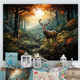 Green and brown deer in forest wilderness - Animals Canvas Wall Art