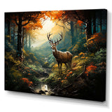 Green and brown deer in forest wilderness - Animals Canvas Wall Art