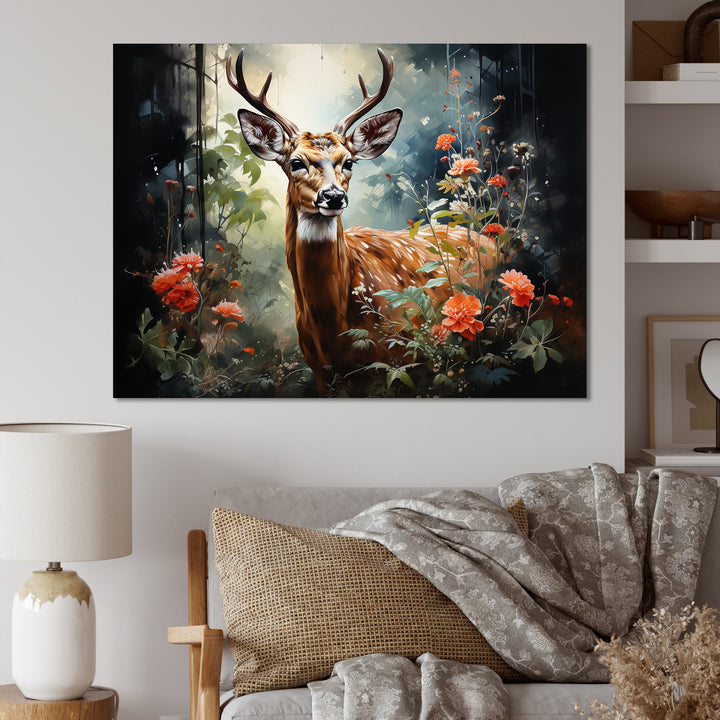 Brown and pink deer in blooming forest wilderness - Deer Landscape Living Room Wall Art